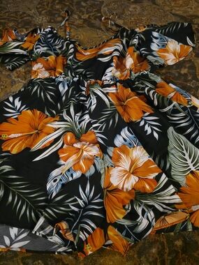 4/$25 Deal! Black & Orange Tropical High-Waist Romper Shorts Jumpsuit